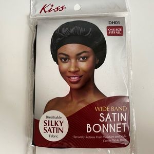 Kiss Wide Band Satin Bonnet in Black Silky Satin Fabric One Size Fits Most